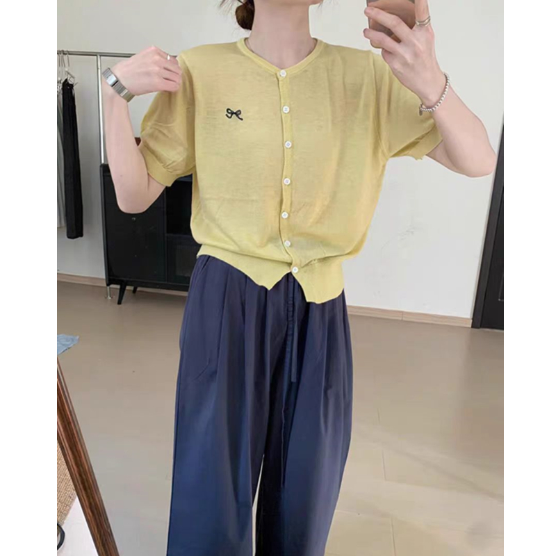 Embroidery Korean style bow tops short sleeve thin T-shirt