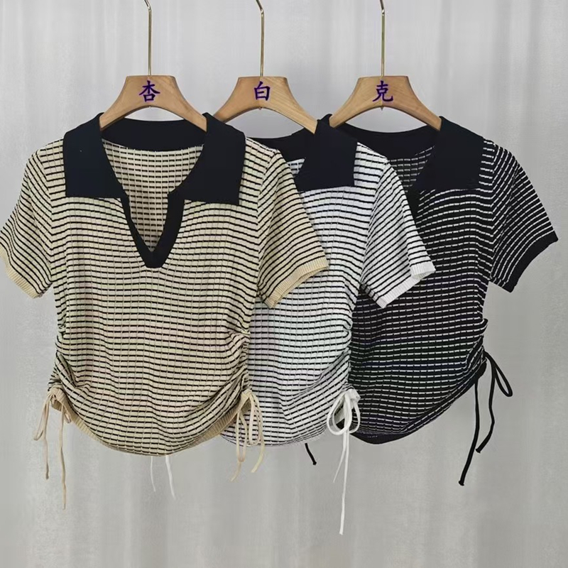 Plaid mixed colors slim drawstring Korean style tops