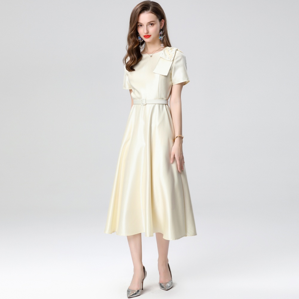 Pinched waist round neck long dress for women