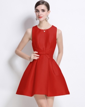 Bow France style slim satin temperament short dress