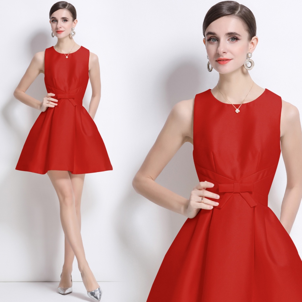 Bow France style slim satin temperament short dress