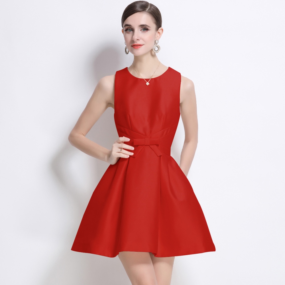 Bow France style slim satin temperament short dress