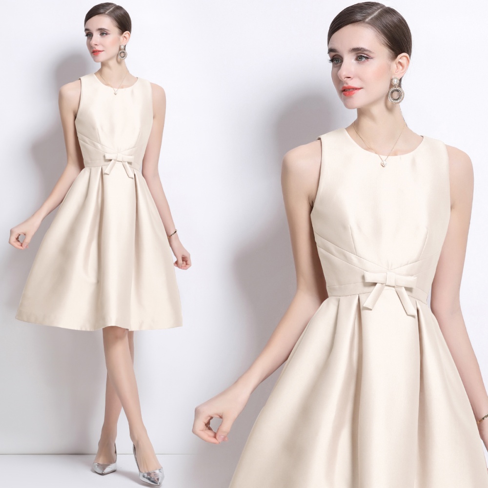 Satin temperament bow long slim France style dress