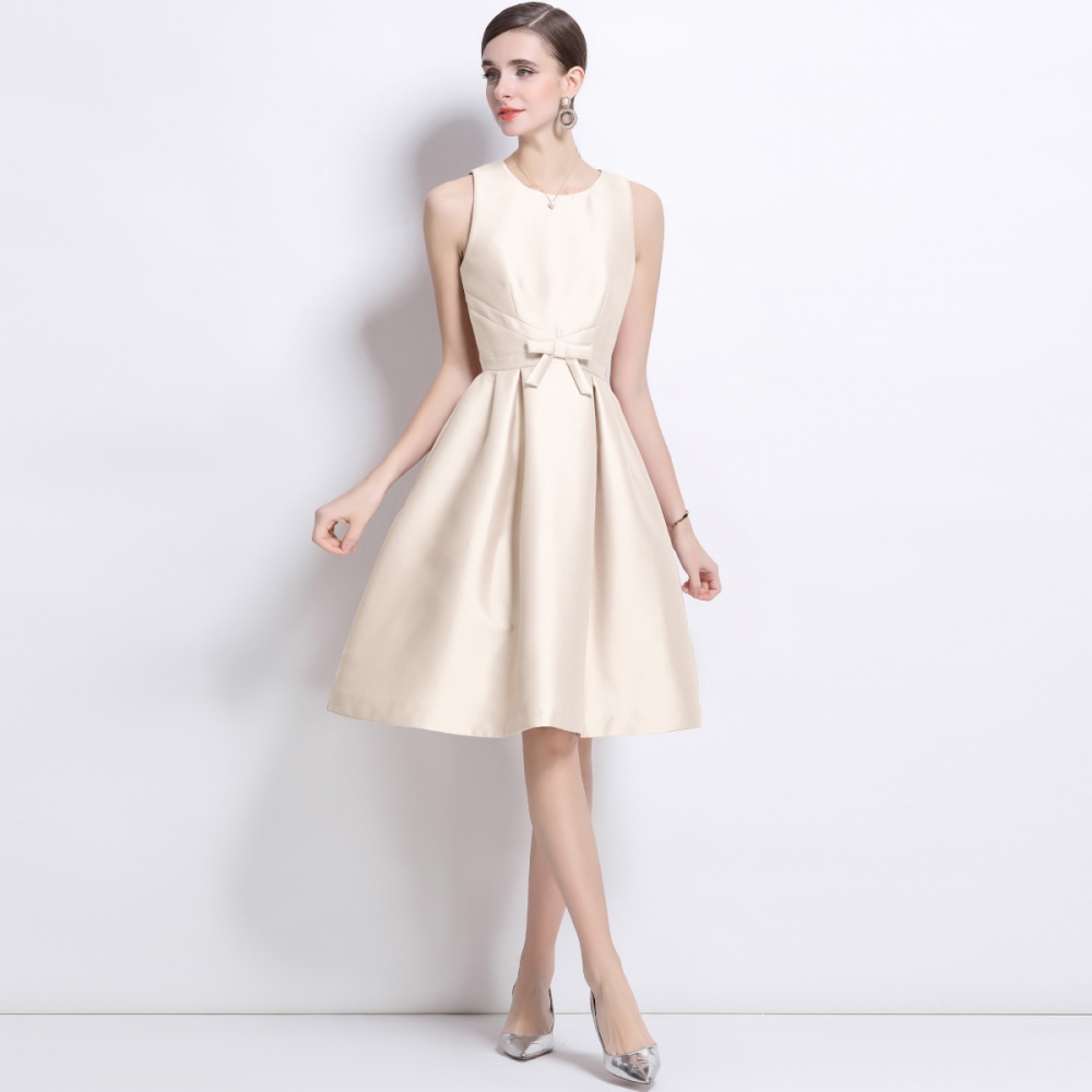 Satin temperament bow long slim France style dress