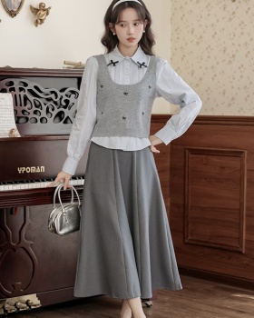 France style knitted shirt spring bow skirt 3pcs set