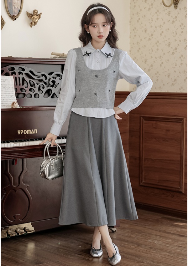 France style knitted shirt spring bow skirt 3pcs set