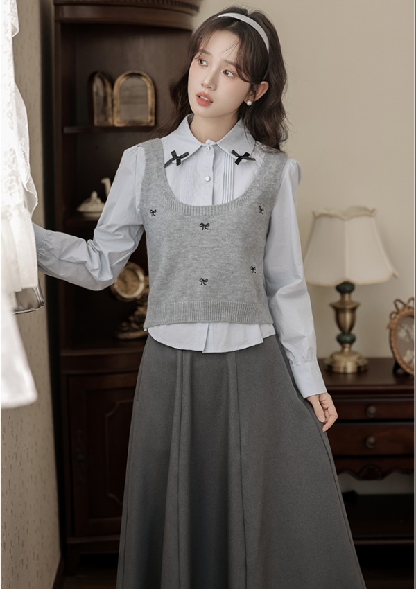 France style knitted shirt spring bow skirt 3pcs set