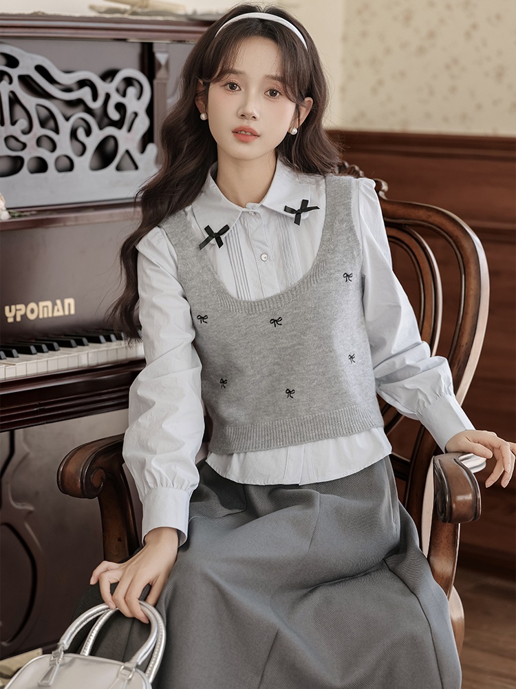 France style knitted shirt spring bow skirt 3pcs set