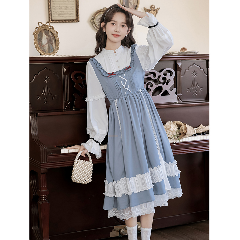 Light long Pseudo-two dress countryside sweet lady dress