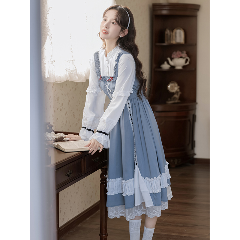 Light long Pseudo-two dress countryside sweet lady dress