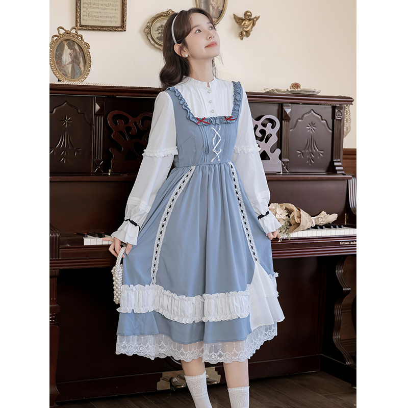 Light long Pseudo-two dress countryside sweet lady dress