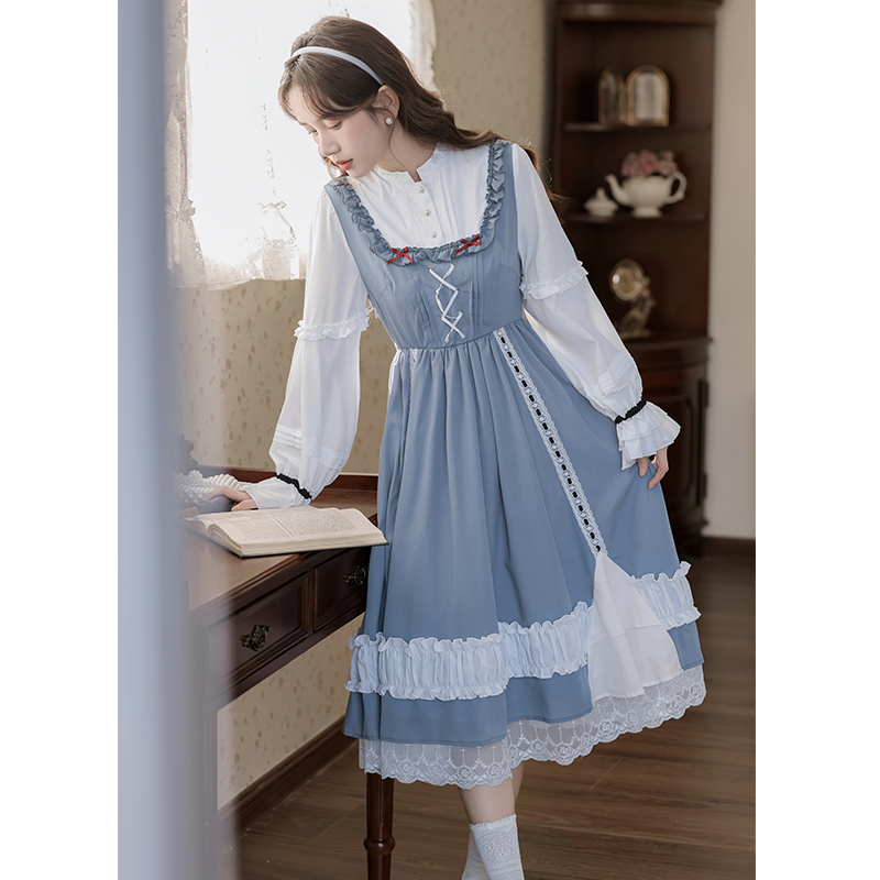 Light long Pseudo-two dress countryside sweet lady dress