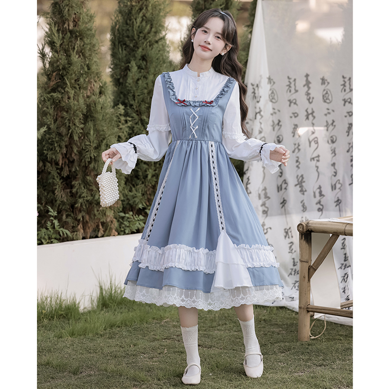 Light long Pseudo-two dress countryside sweet lady dress