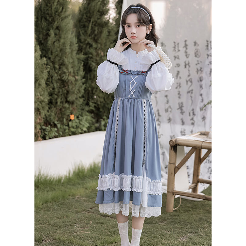 Light long Pseudo-two dress countryside sweet lady dress