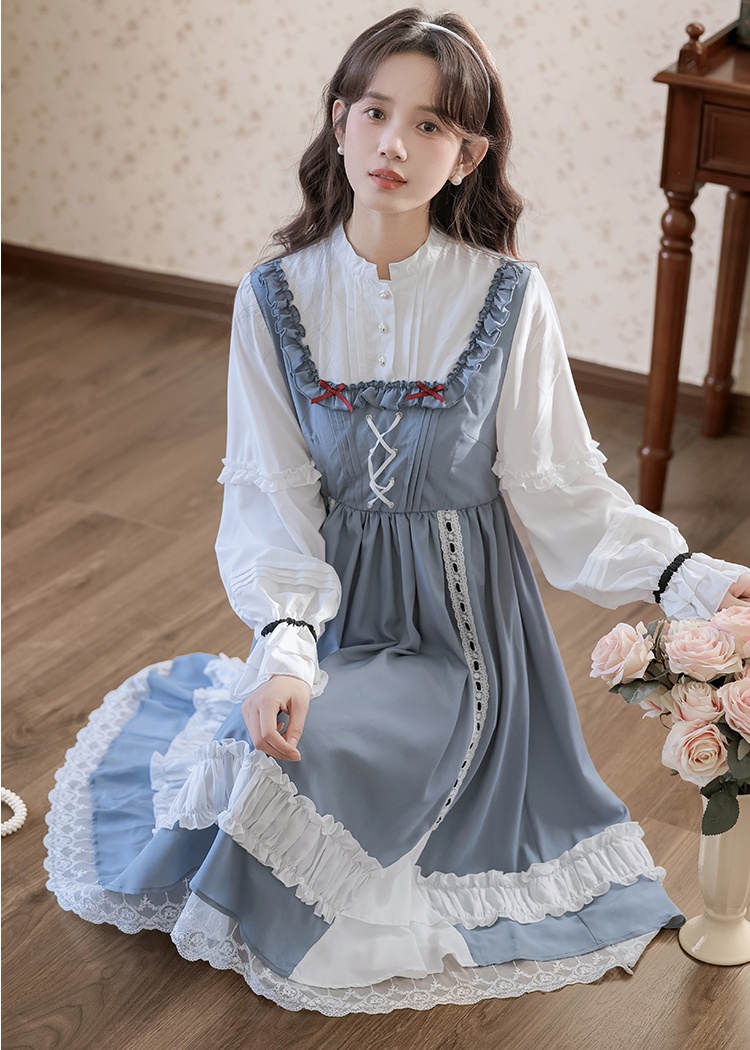 Light long Pseudo-two dress countryside sweet lady dress