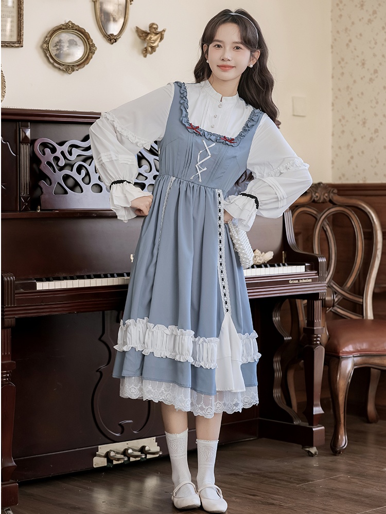 Light long Pseudo-two dress countryside sweet lady dress