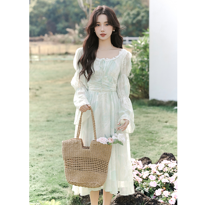 Lady printing long dress blooming spring and autumn dress