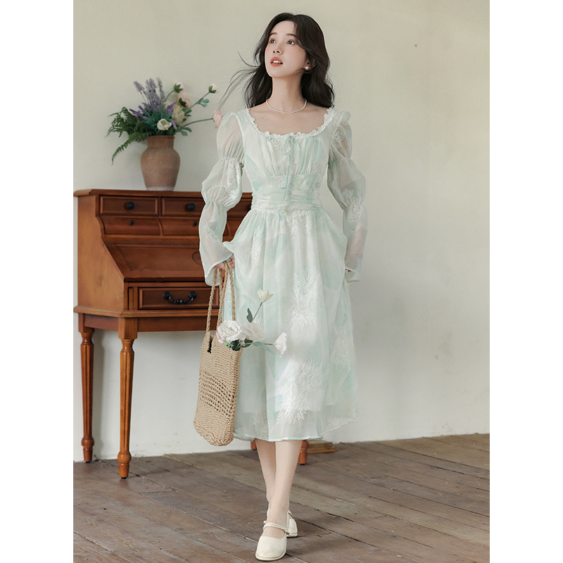 Lady printing long dress blooming spring and autumn dress