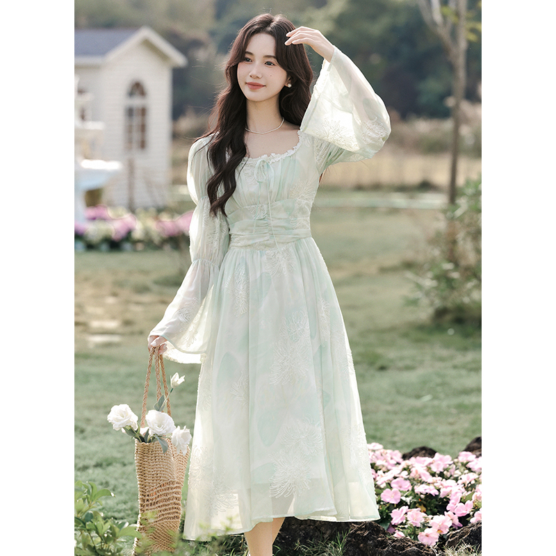 Lady printing long dress blooming spring and autumn dress