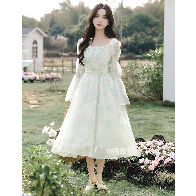 Lady printing long dress blooming spring and autumn dress