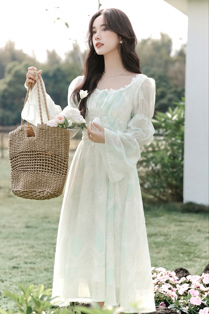 Lady printing long dress blooming spring and autumn dress