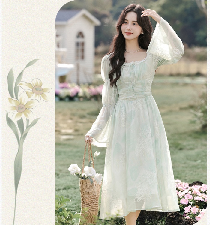 Lady printing long dress blooming spring and autumn dress