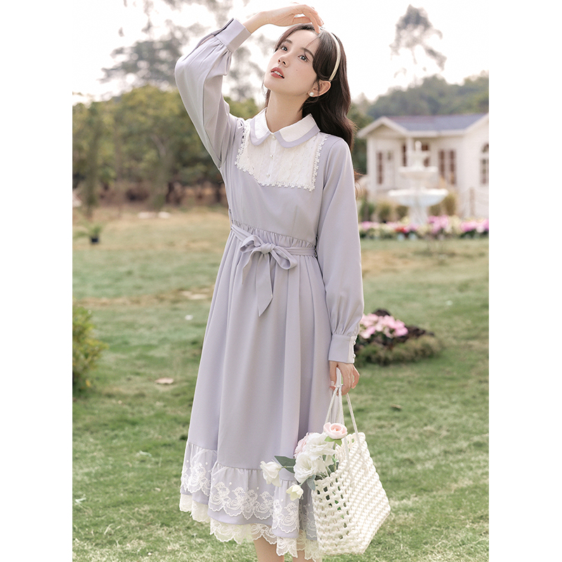 Show young Pseudo-two spring tender art blue retro dress