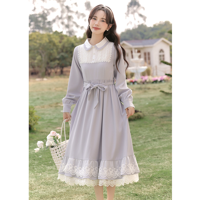 Show young Pseudo-two spring tender art blue retro dress