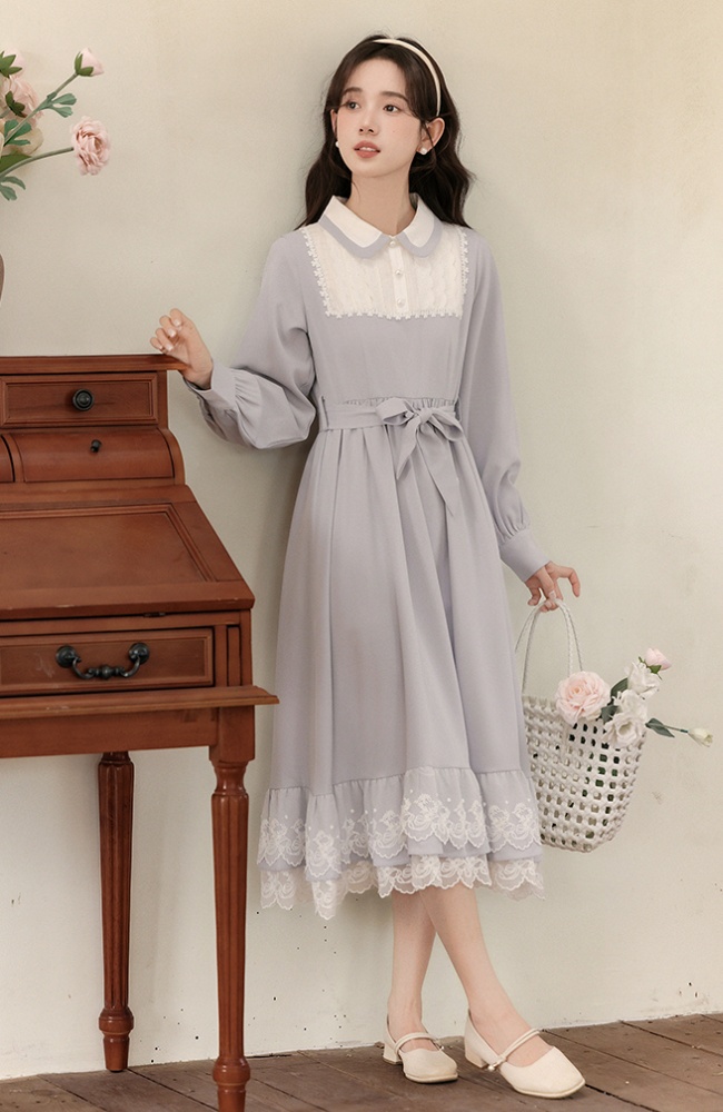 Show young Pseudo-two spring tender art blue retro dress