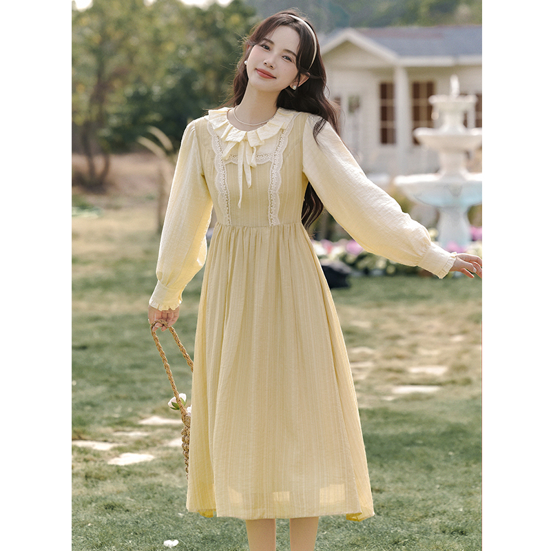 Pseudo-two frenum doll collar tender long dress