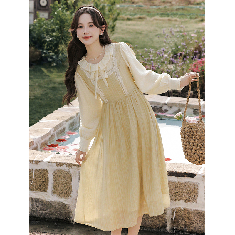 Pseudo-two frenum doll collar tender long dress