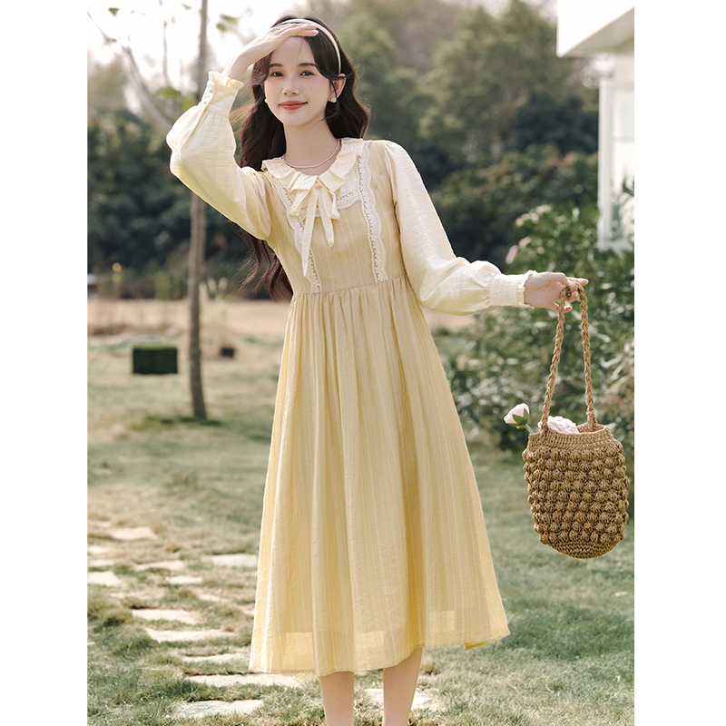 Pseudo-two frenum doll collar tender long dress