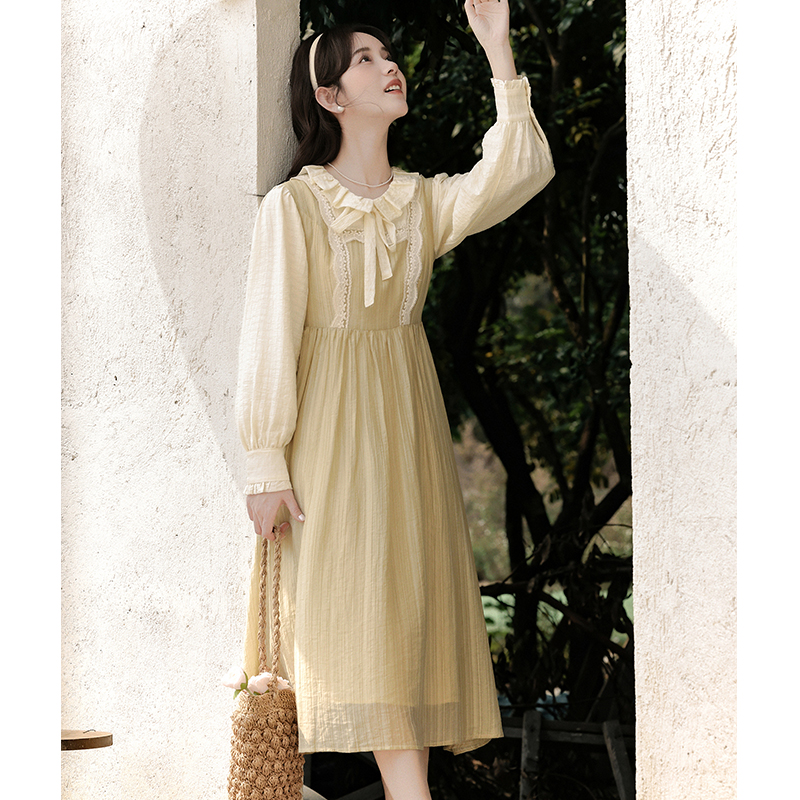 Pseudo-two frenum doll collar tender long dress