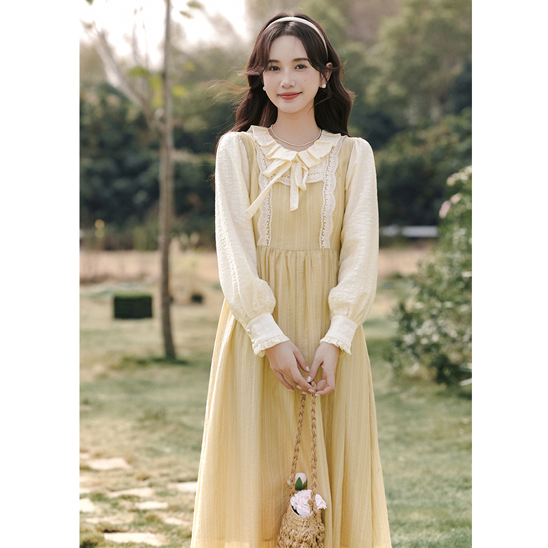 Pseudo-two frenum doll collar tender long dress