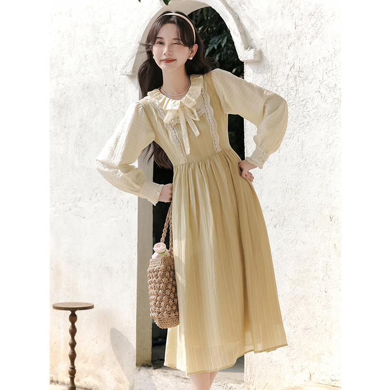 Pseudo-two frenum doll collar tender long dress