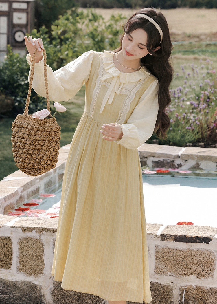 Pseudo-two frenum doll collar tender long dress