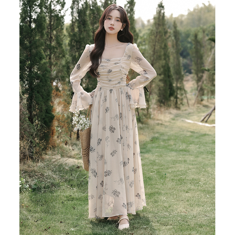 Trumpet sleeves big skirt spring printing double ink dress