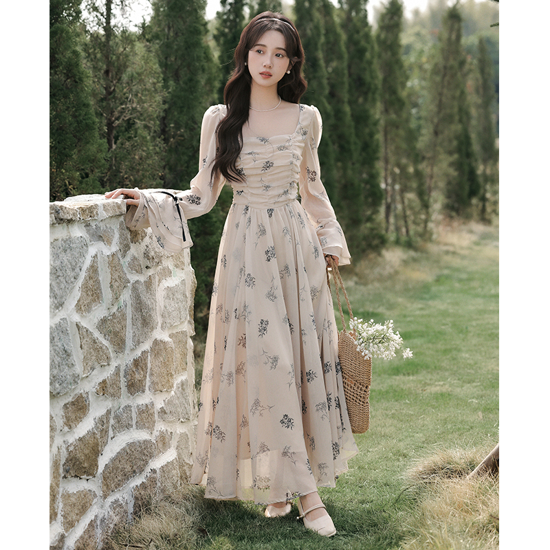 Trumpet sleeves big skirt spring printing double ink dress