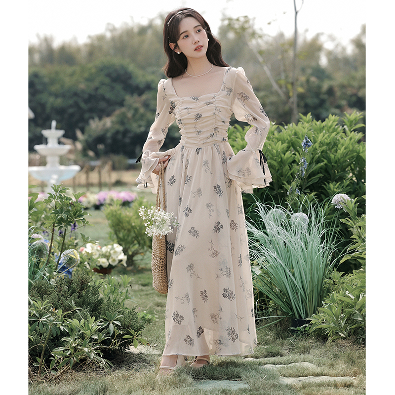 Trumpet sleeves big skirt spring printing double ink dress