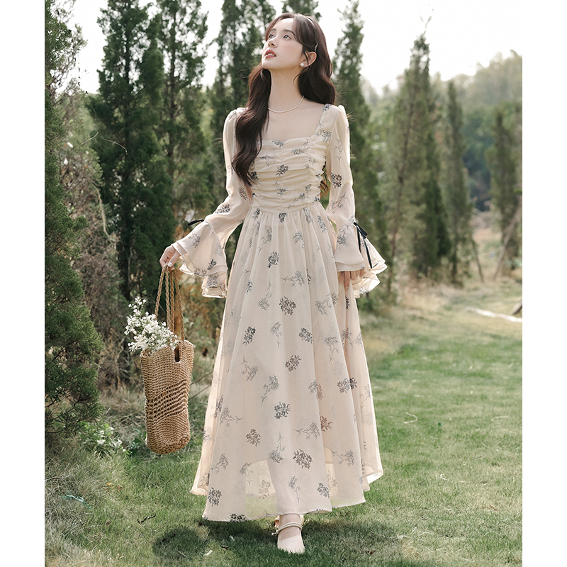 Trumpet sleeves big skirt spring printing double ink dress