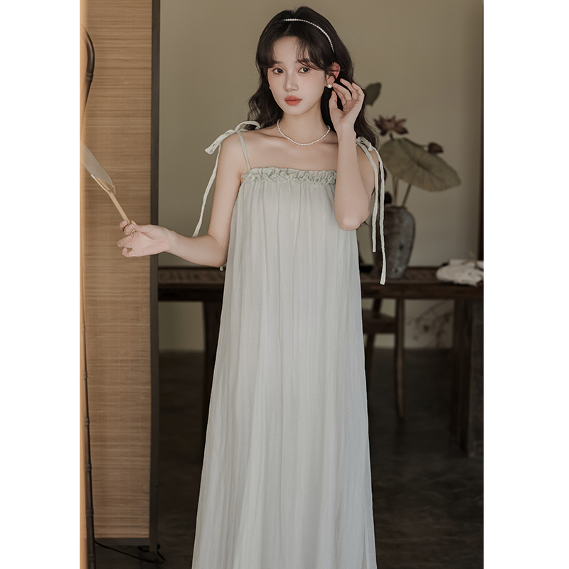 Sling fungus loose Chinese style long lace retro strap dress