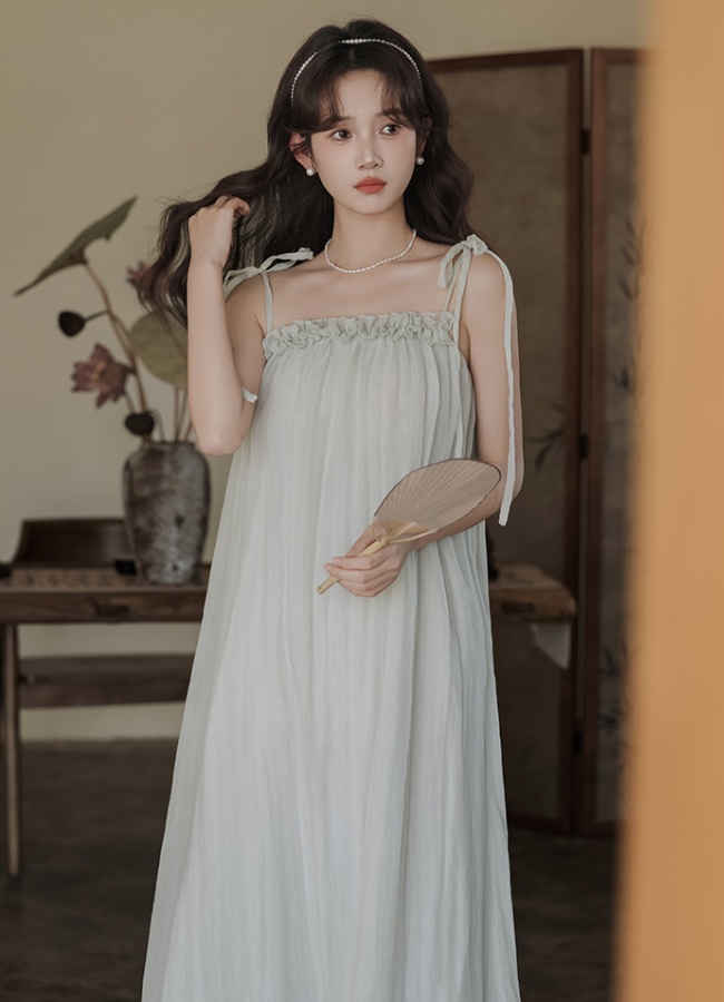 Sling fungus loose Chinese style long lace retro strap dress