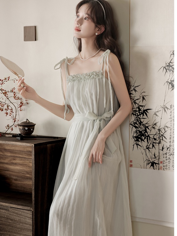 Sling fungus loose Chinese style long lace retro strap dress