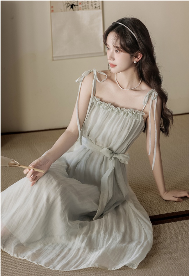 Sling fungus loose Chinese style long lace retro strap dress