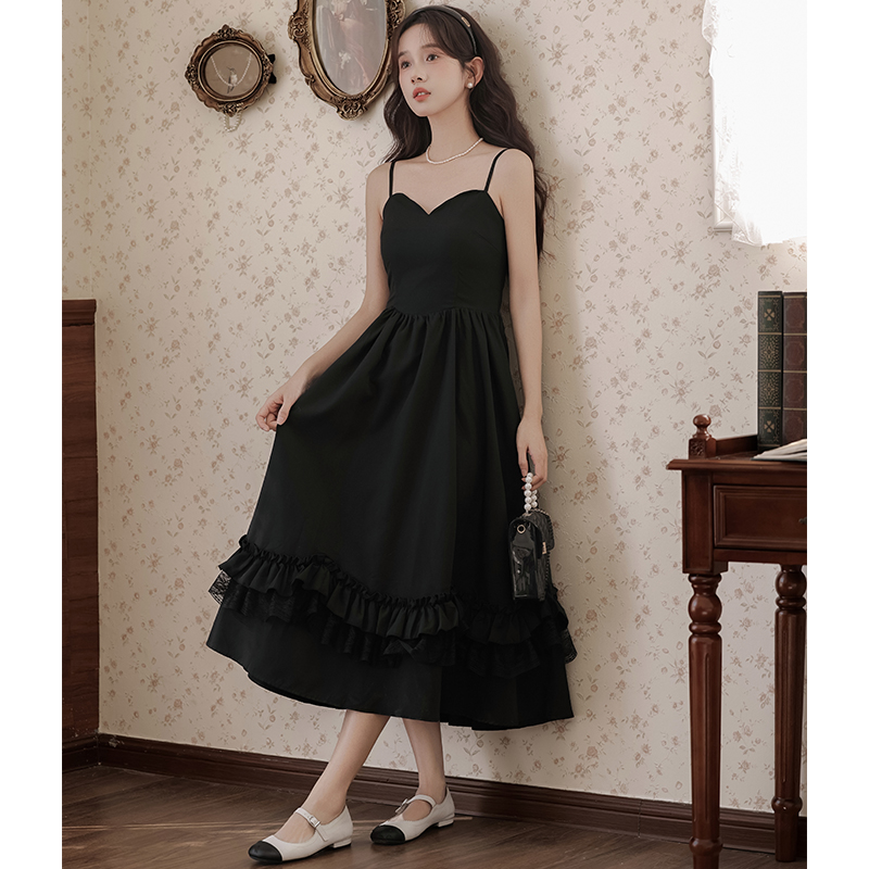 Light simple strap dress France style dress 2pcs set