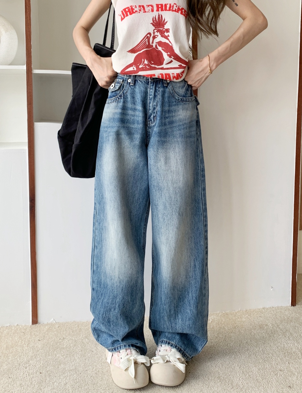 Retro denim spicegirl antique silver wide leg long pants