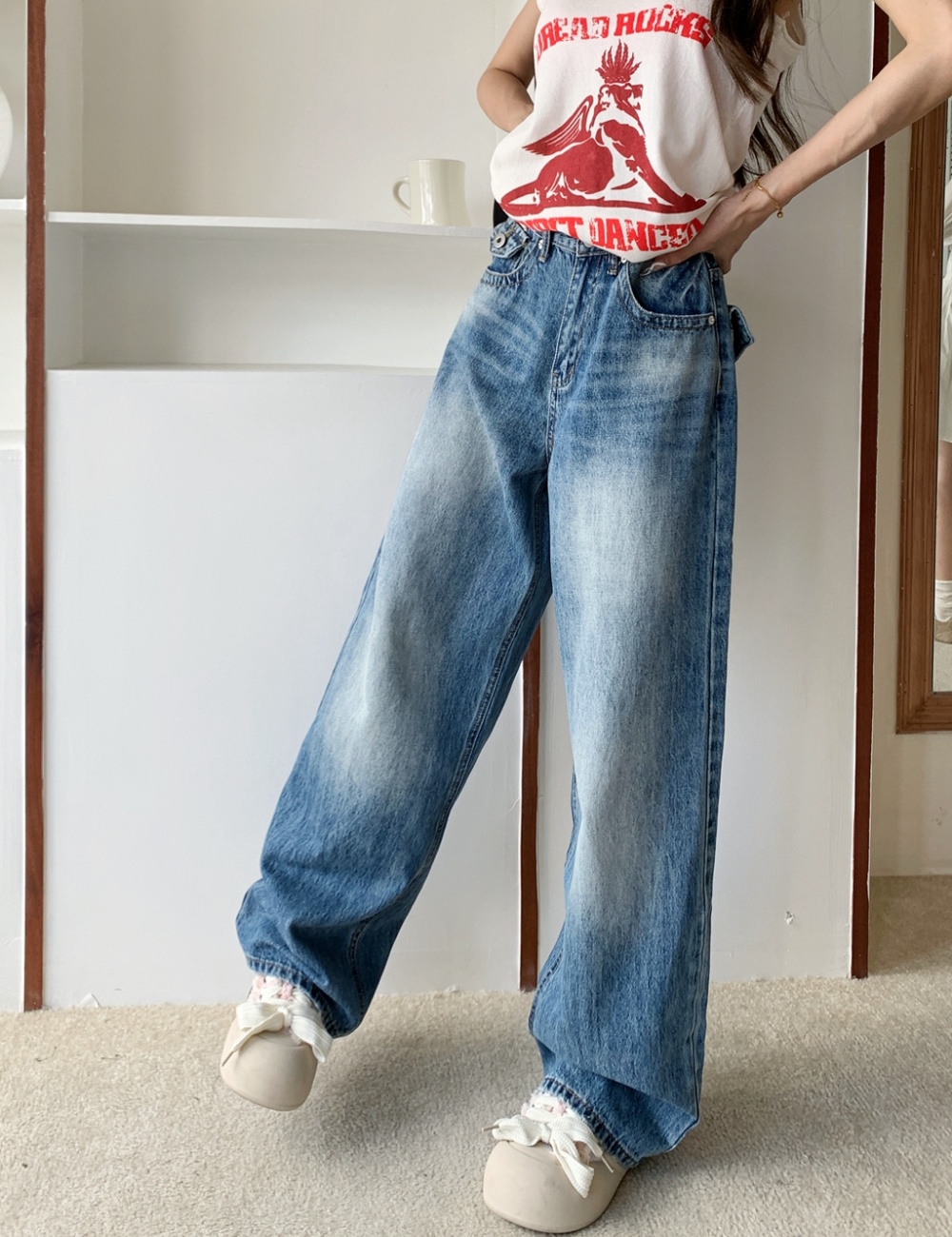 Retro denim spicegirl antique silver wide leg long pants