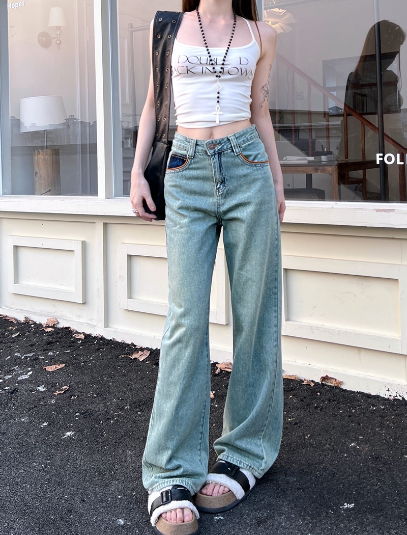 Washed high waist long pants straight wide leg pants for women