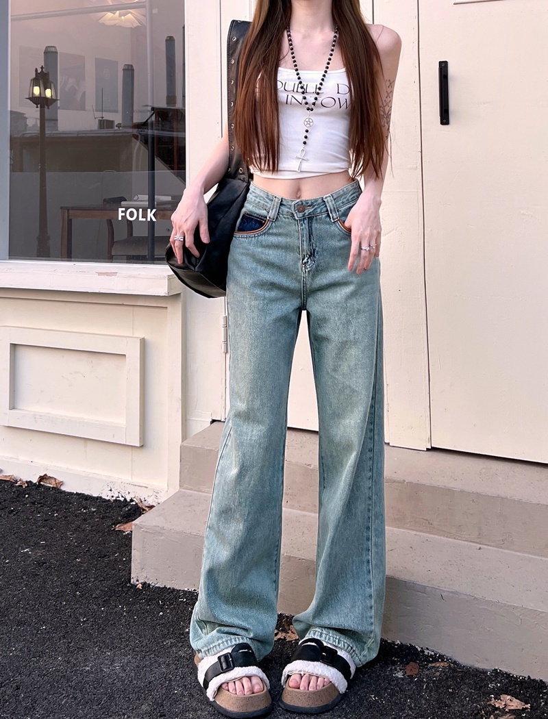 Washed high waist long pants straight wide leg pants for women