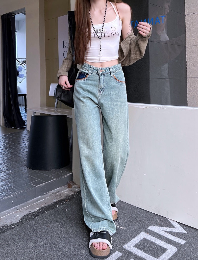 Washed high waist long pants straight wide leg pants for women